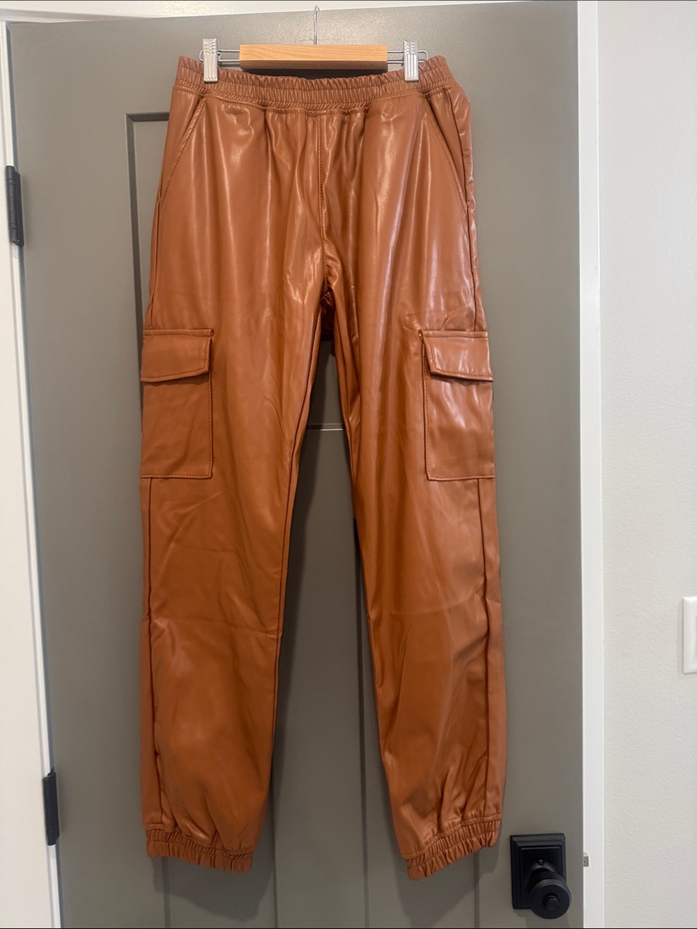 Sadie & Sage Cognac Faux Leather Cargo Joggers